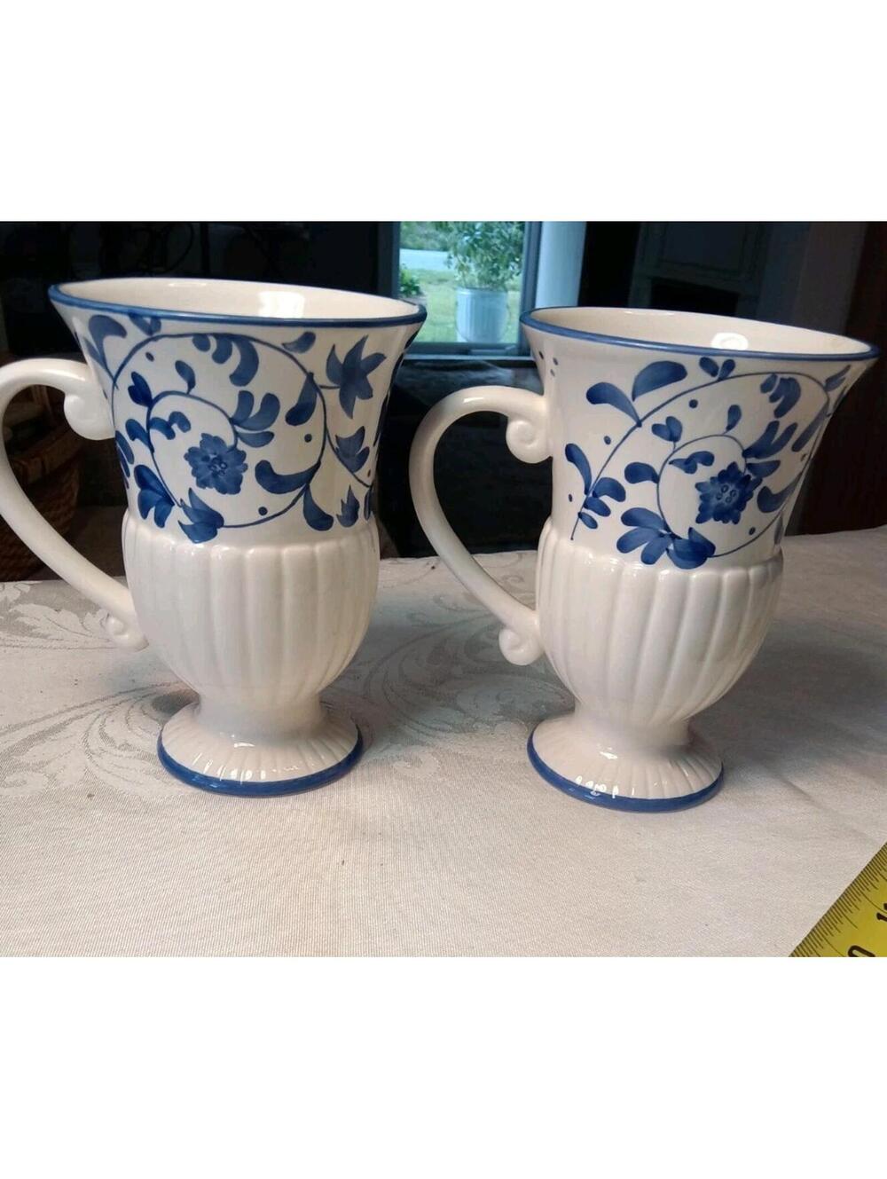 Bigelow Blue and White Floral Pedestal Mug Set, Footed Tea Cups, Set of 2